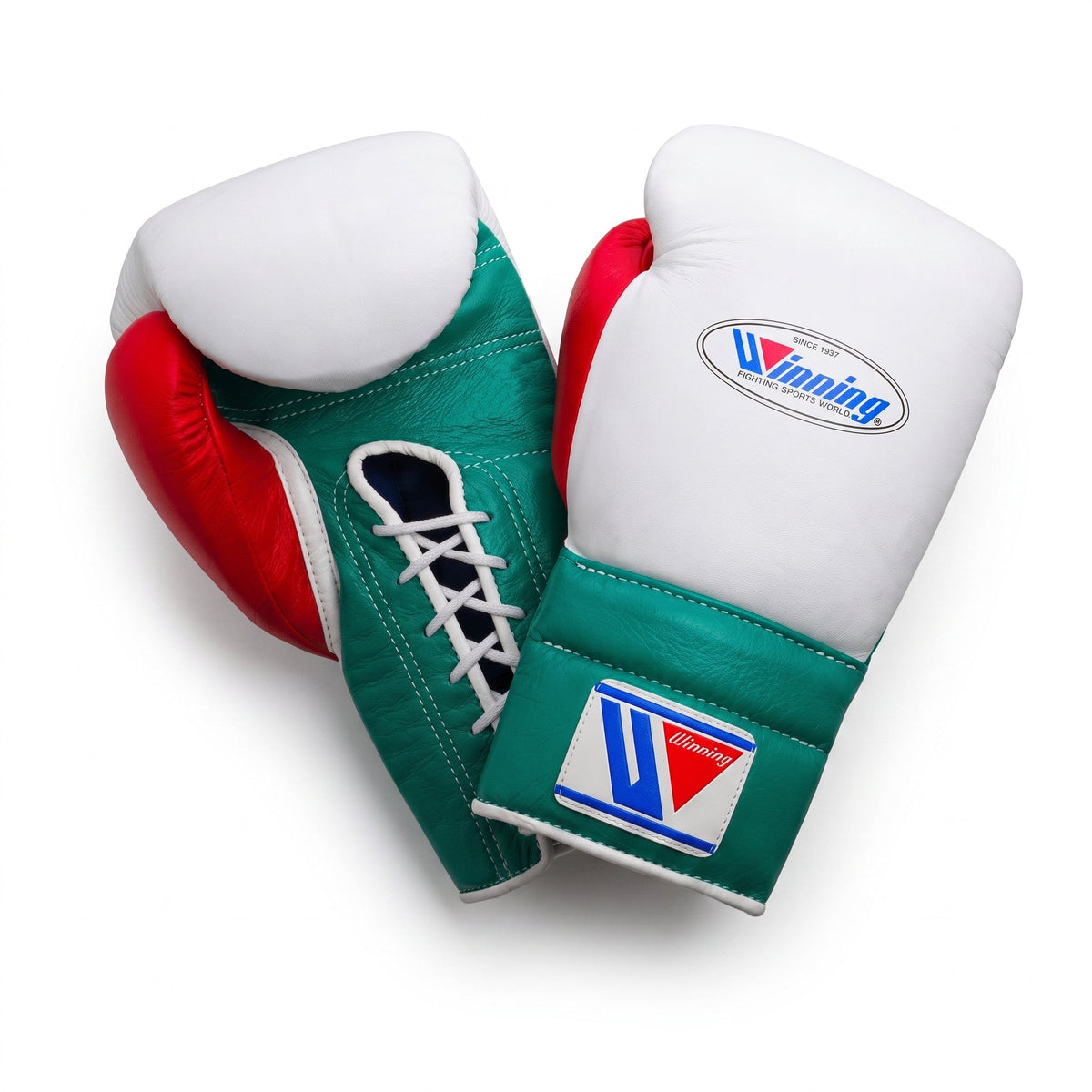 Winning boxing gloves in white leather with green and red panels, Lace-Up or Velcro