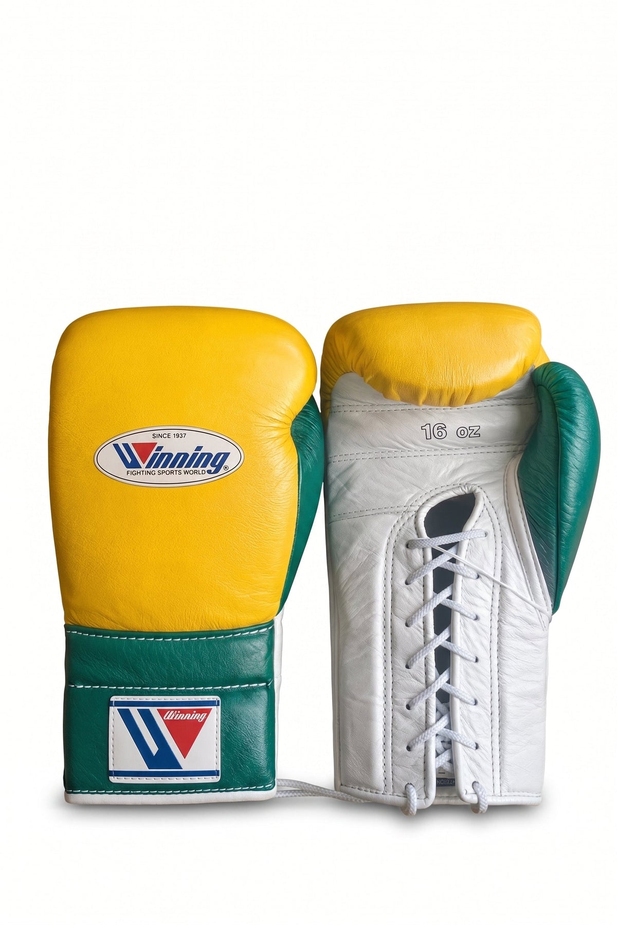 Winning boxing gloves in yellow leather with white and green trim, Lace-Up or Velcro