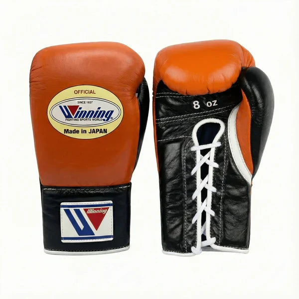Authentic Orange and Black Winning professional boxing gloves handcrafted in Japan with premium leather.