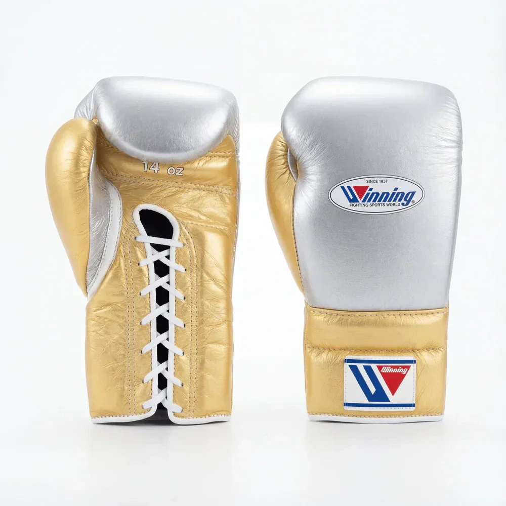 Authentic Metallic Silver and Gold Winning MS-600 professional boxing gloves handcrafted in Japan with premium leather.