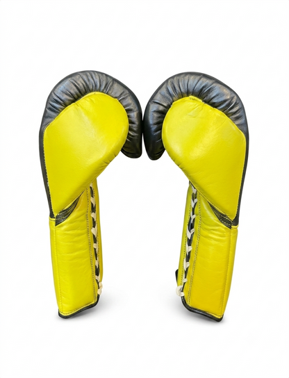 Bright yellow and black high-visibility boxing gloves back view