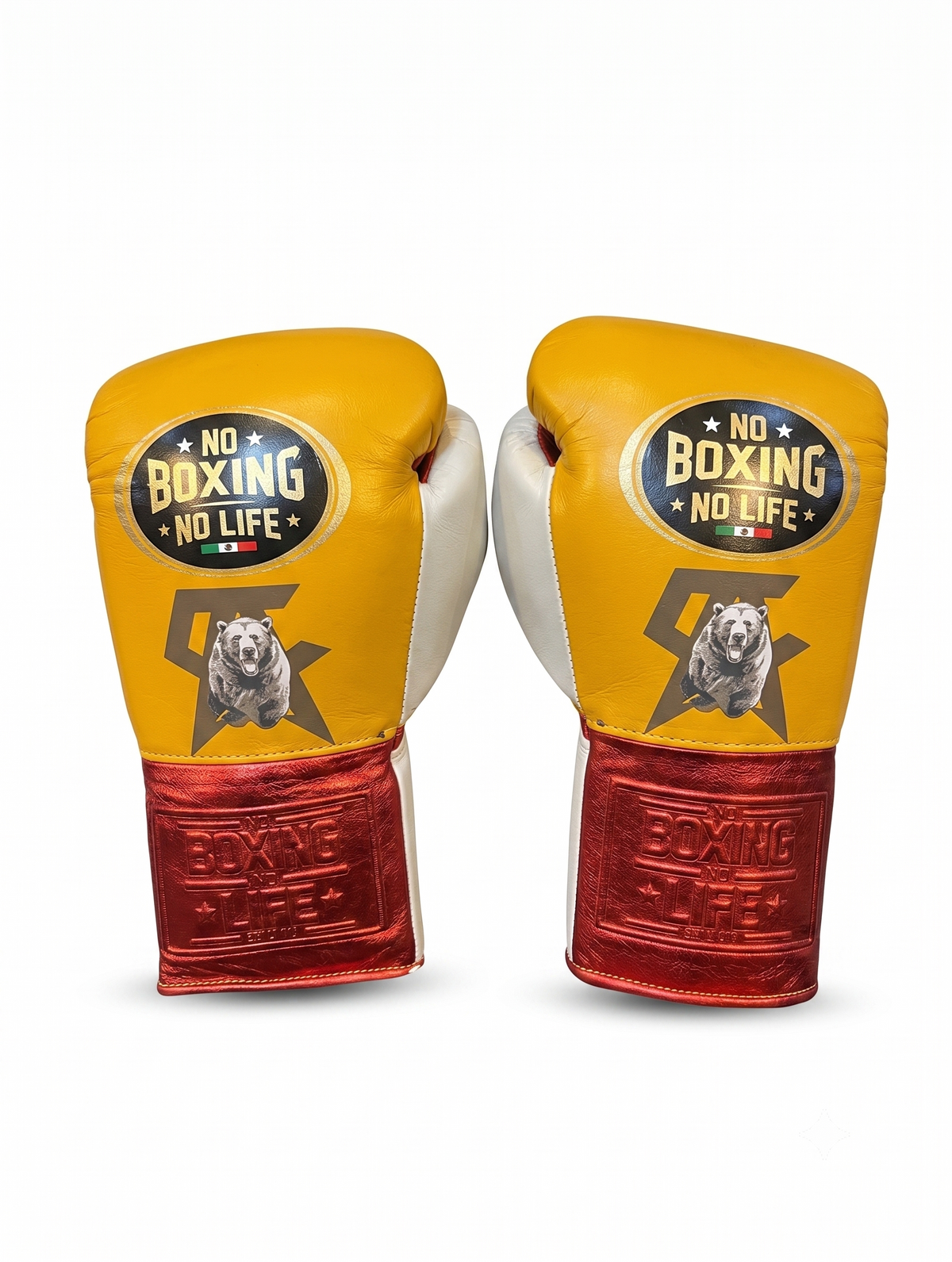 Yellow and metallic red leather boxing gloves with bear graphic