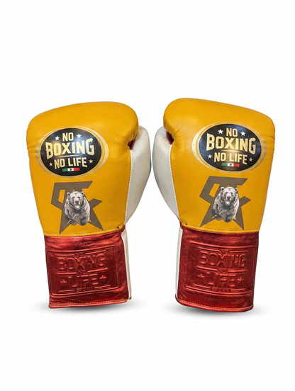 Yellow and metallic red leather boxing gloves with bear graphic