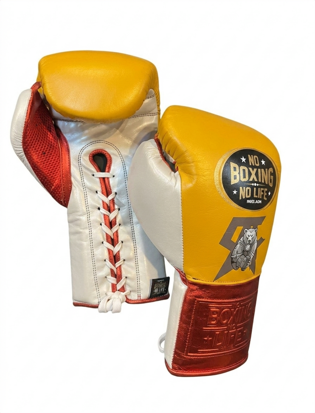 Yellow, white and red heavy bag boxing gloves side view