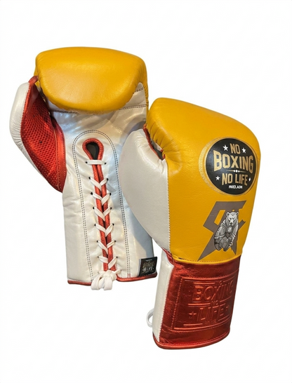 Yellow, white and red heavy bag boxing gloves side view