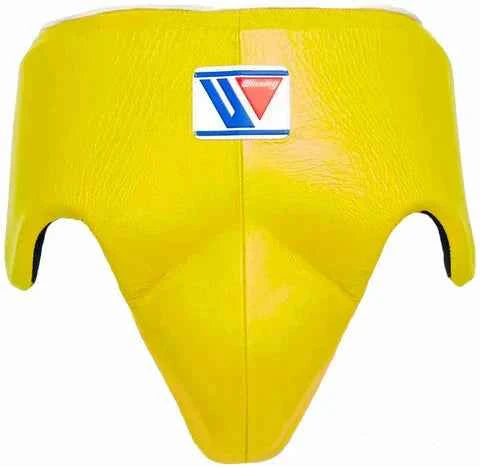 Custom Winning CPS-500 professional boxing groinguard in metallic gold leather with official branding and anatomical hip protection.
